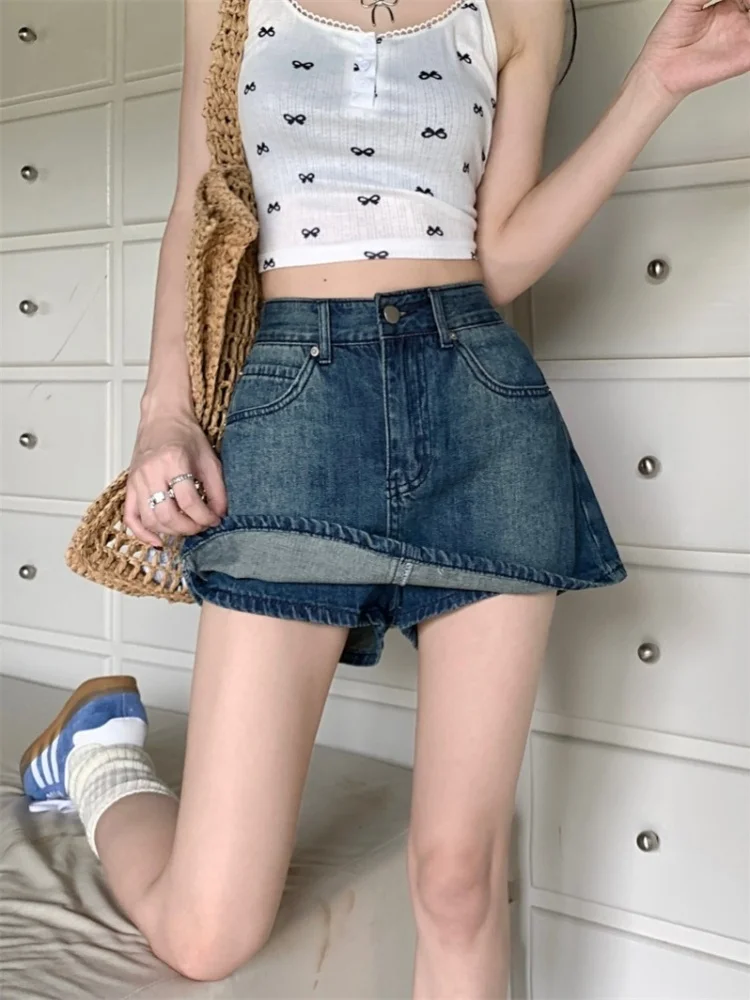 

Retro High Waist A-Line Denim Skirt Women's Design Sensation Slim ort Skirt Pants Skirt Korean Sle Commute