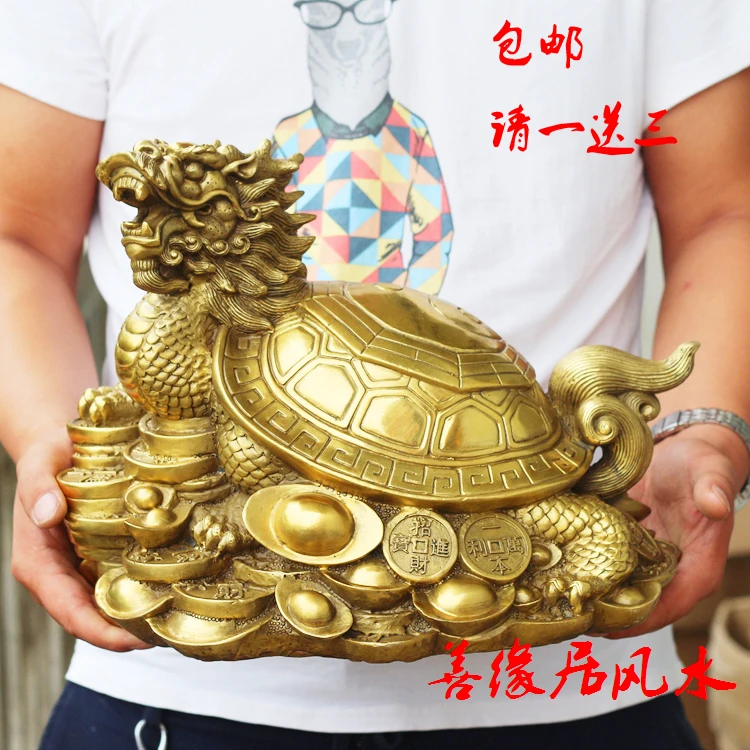TOP COOL # HOME GOOD protective-efficacious Talisman House Protection Money Drawing Dragon Turtle FENG SHUI Brass statue-35 CM