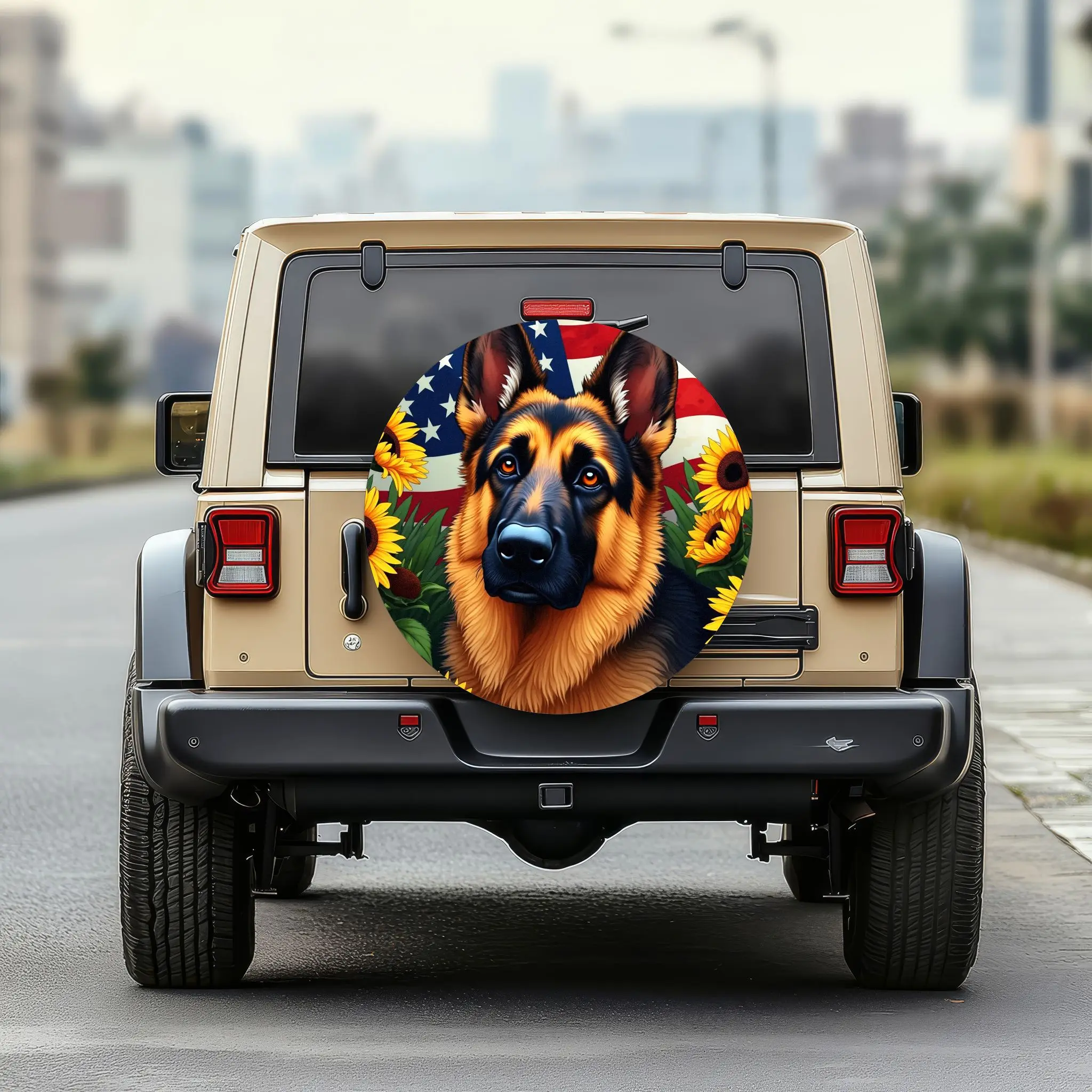 

Чехол для покрышки немецкой овчарки с подсолнухом и американским флагом, прочный чехол для запасного колеса