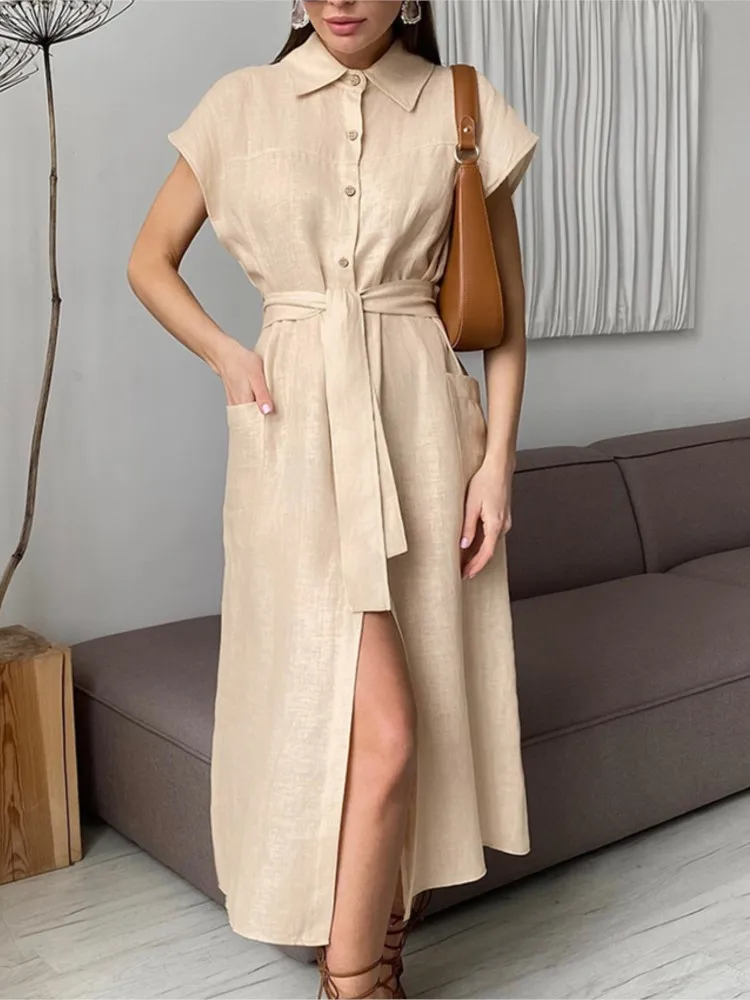 

Leace-up Dress Vestidos Dresses 2025 Woman Solid Color Simple Style All-match Dropped Shoulder Sleeves Lapel Commuting Elegant