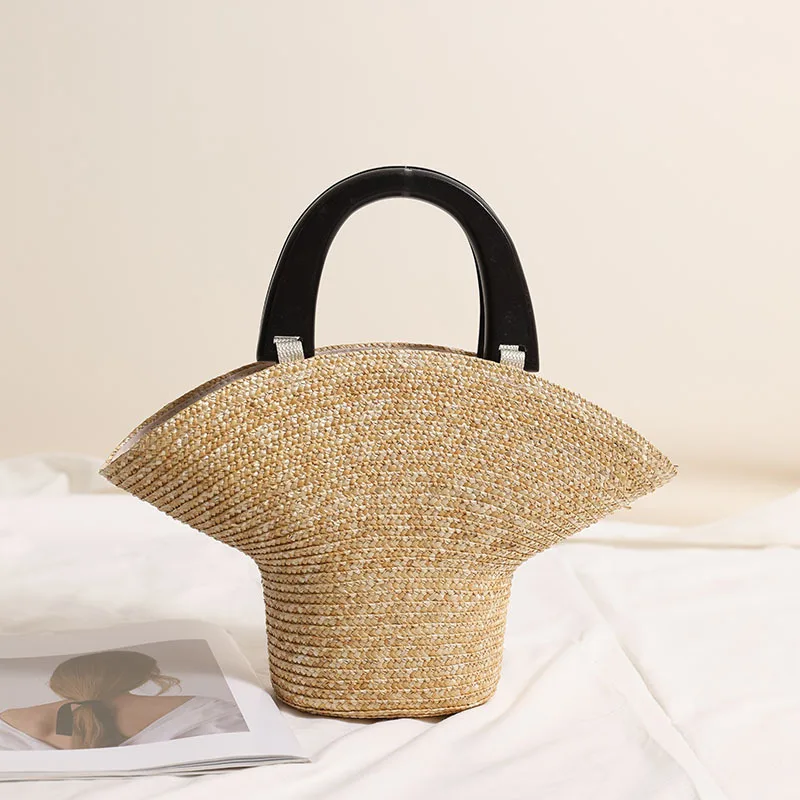 

Handbag Handmade Beach Bag New Rattan Purse Clutch Wooden Handle Woven Straw Bag Summer Bali Travel Bucket Bags for Women