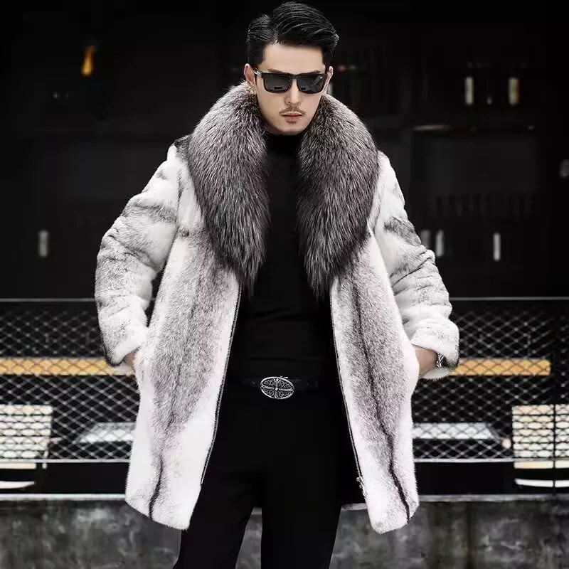 Men Faux Fur Coats Solid Mid Lenth Jackets Long Sleeves Turn Down Collar Zipper Thick Straight Elegant Casual 2026 Autumn Winter