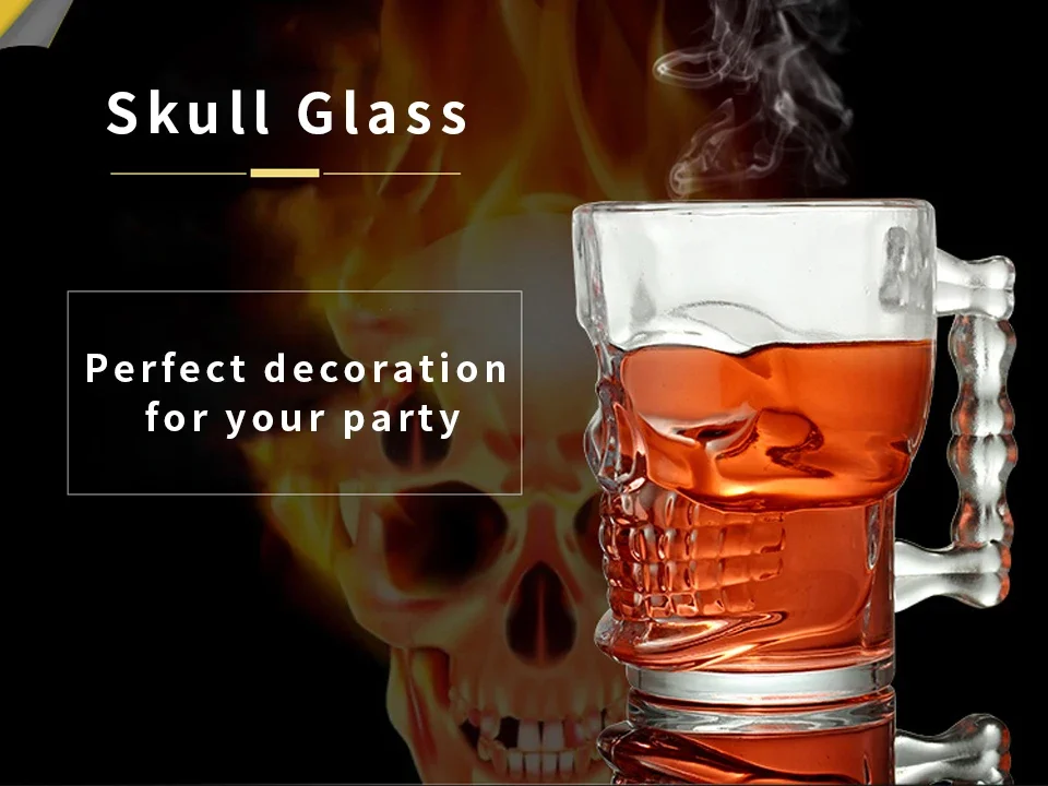 Classical Pirate Partner Beer Cup Crystal Glass Creative Skull Face Bone with Handle Drinking Wine Vodka Essential Bar KTV
