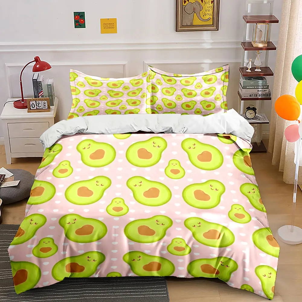 Cute Heart-Shaped Avocado Pattern Background Bedding Set for Kids Luxury Gift 3pcs Digital Print Comforter Set Soft Comfortable