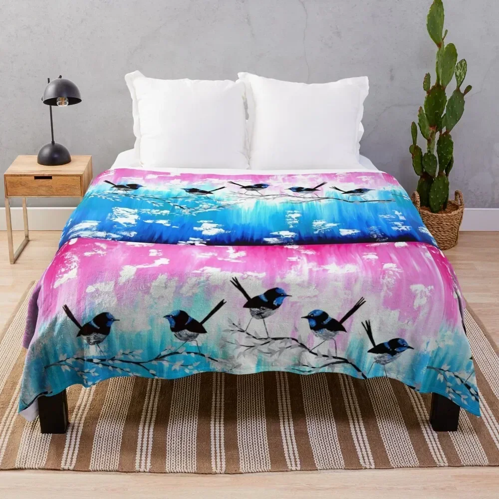 

Blue wrens with abstract painting Throw Blanket Decorative Throw Cute Blankets