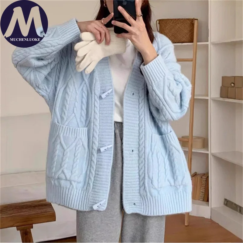 

Кардиган для женщин, осень-зима, ленивый стиль, роговая пряжка, v-образный вырез, вязаный свитер, пальто, корейский модный повседневный свободный теплый кардиган