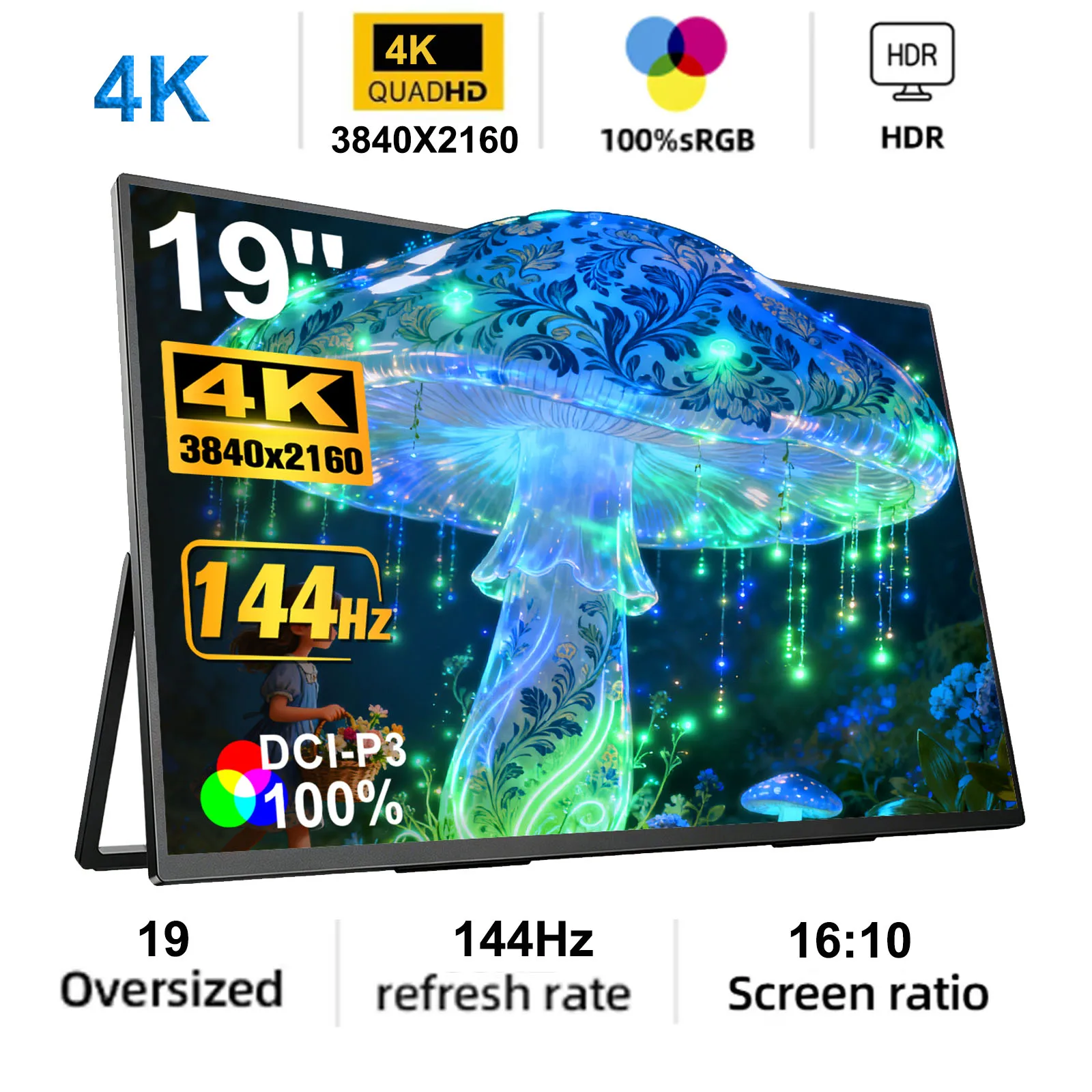 4K 144Hz 19 inch Portable Monitor Screen 2160P HDR 16:10 Display with VESA Hole HDMI USB Type-C External Second Monitor Gaming