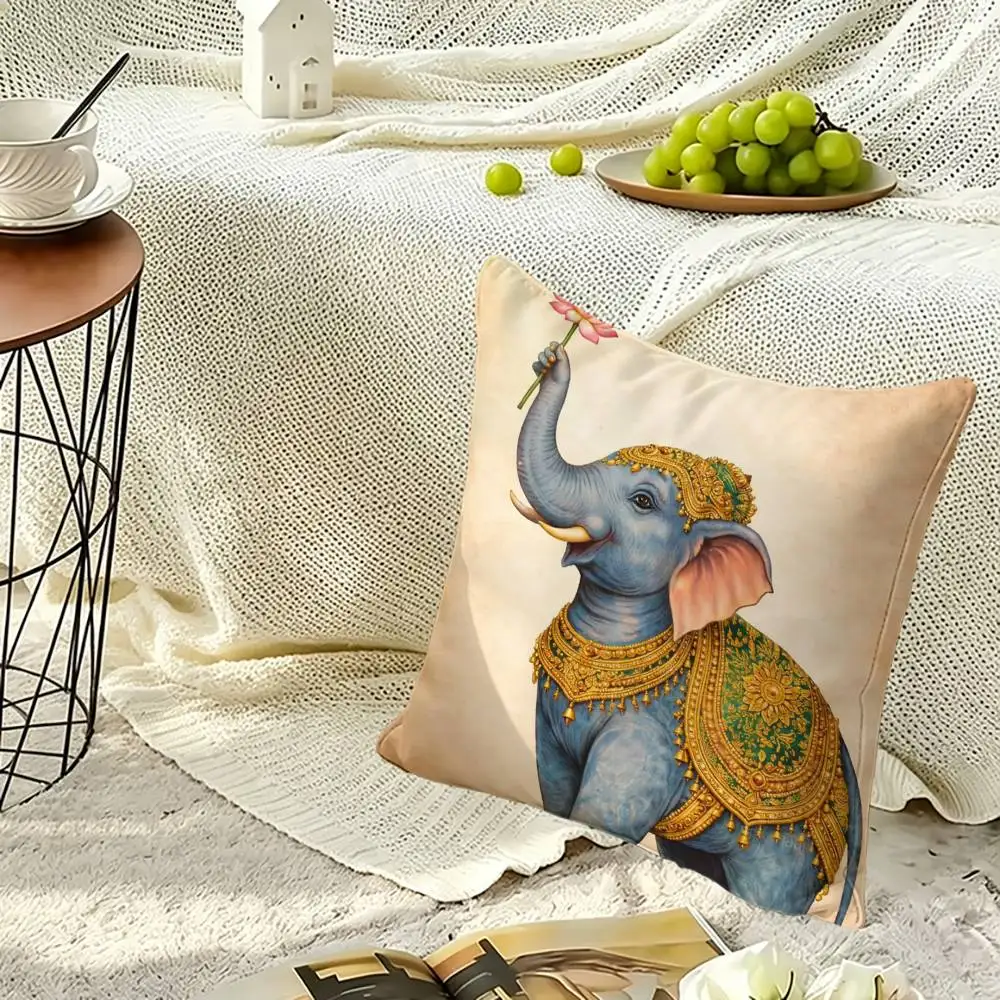 Indian Animal Elephant-t Soft Pillow Shell For Sofa Living Space Bedroom Headboard Backrest Square Cushion Cozy