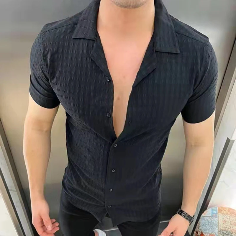 

Japanese Style Summer Men Short Sleeve Shirt Cardigan Clothes Solid Color Sports Casual Lapel Slim Fit Button Shirts Blouse Tops