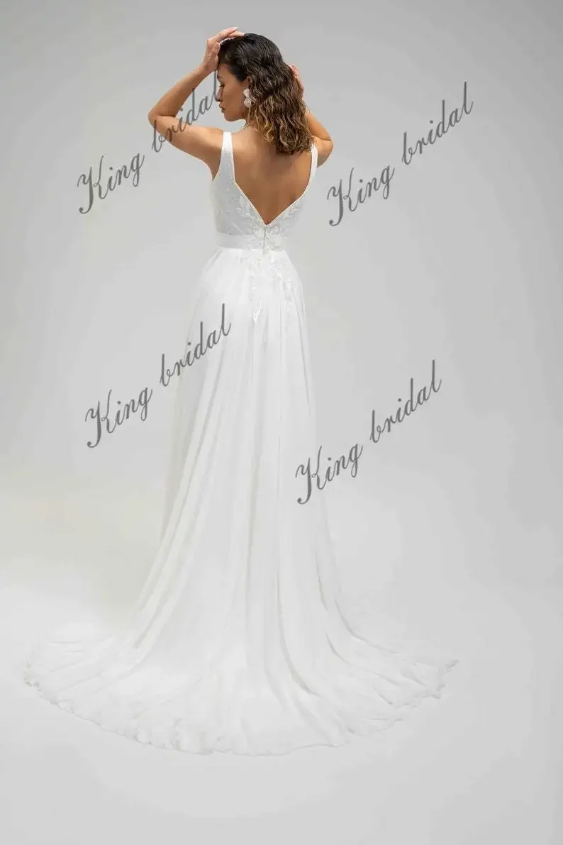 Шифоновое свадебное платье с разрезом, свадебное платье с открытой спиной, вышитое кружево с V-образным вырезом, пляжные свадебные платья в стиле бохо, свадебное платье на заказ