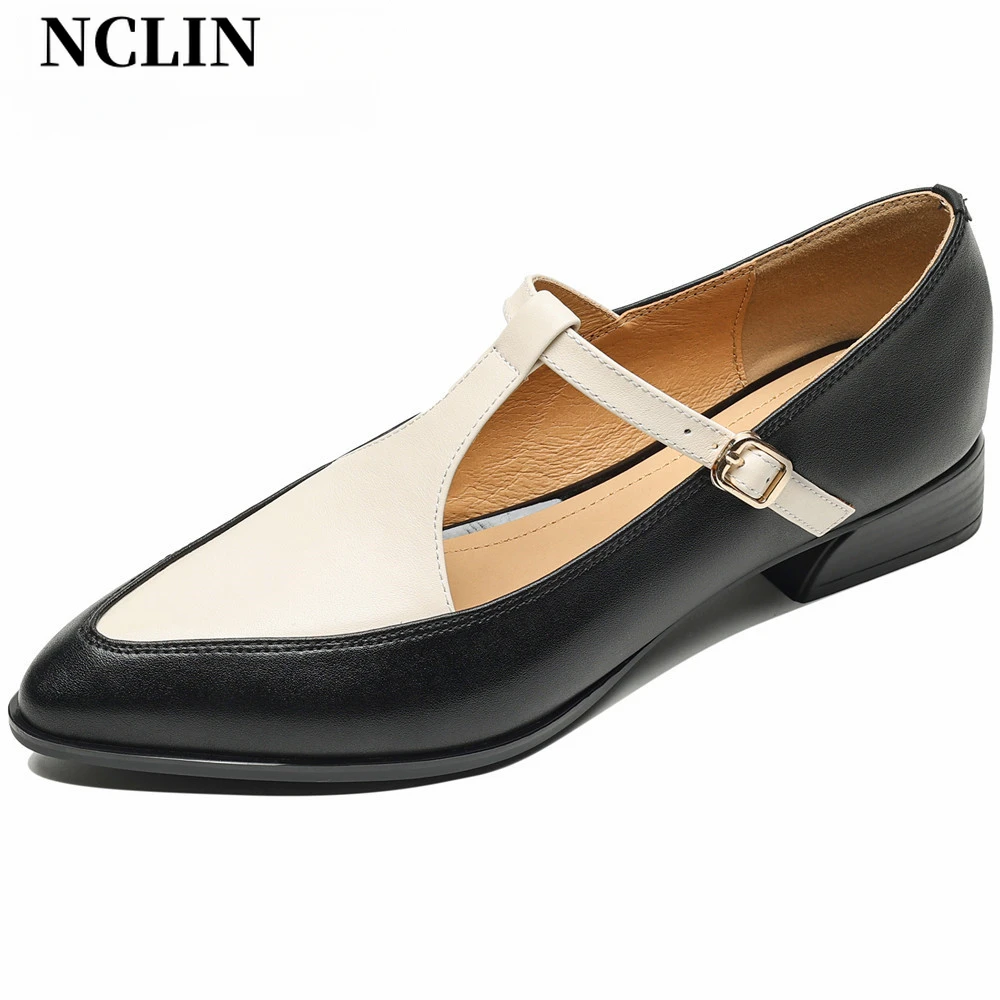 

NCLIN Fashion Mixed Colors Women Pumps Thick Heels Pointed Toe Genuine Leather Mature Office Lady Basic Shoes Woman Pumps 2024