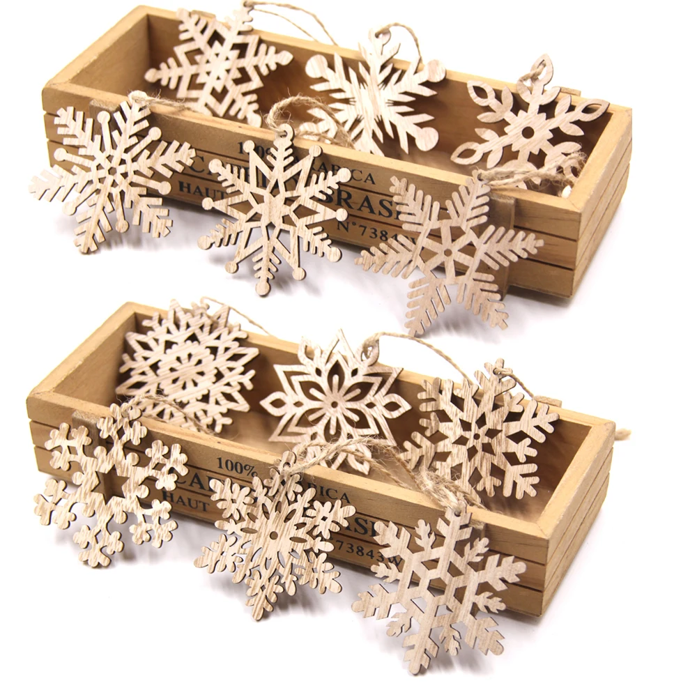 6PCS/Lot Christmas Snowflakes Wooden Pendants Vintage Hollow Hanging Ornaments Wood Craft  Kids Toys Christmas Tree Decorations