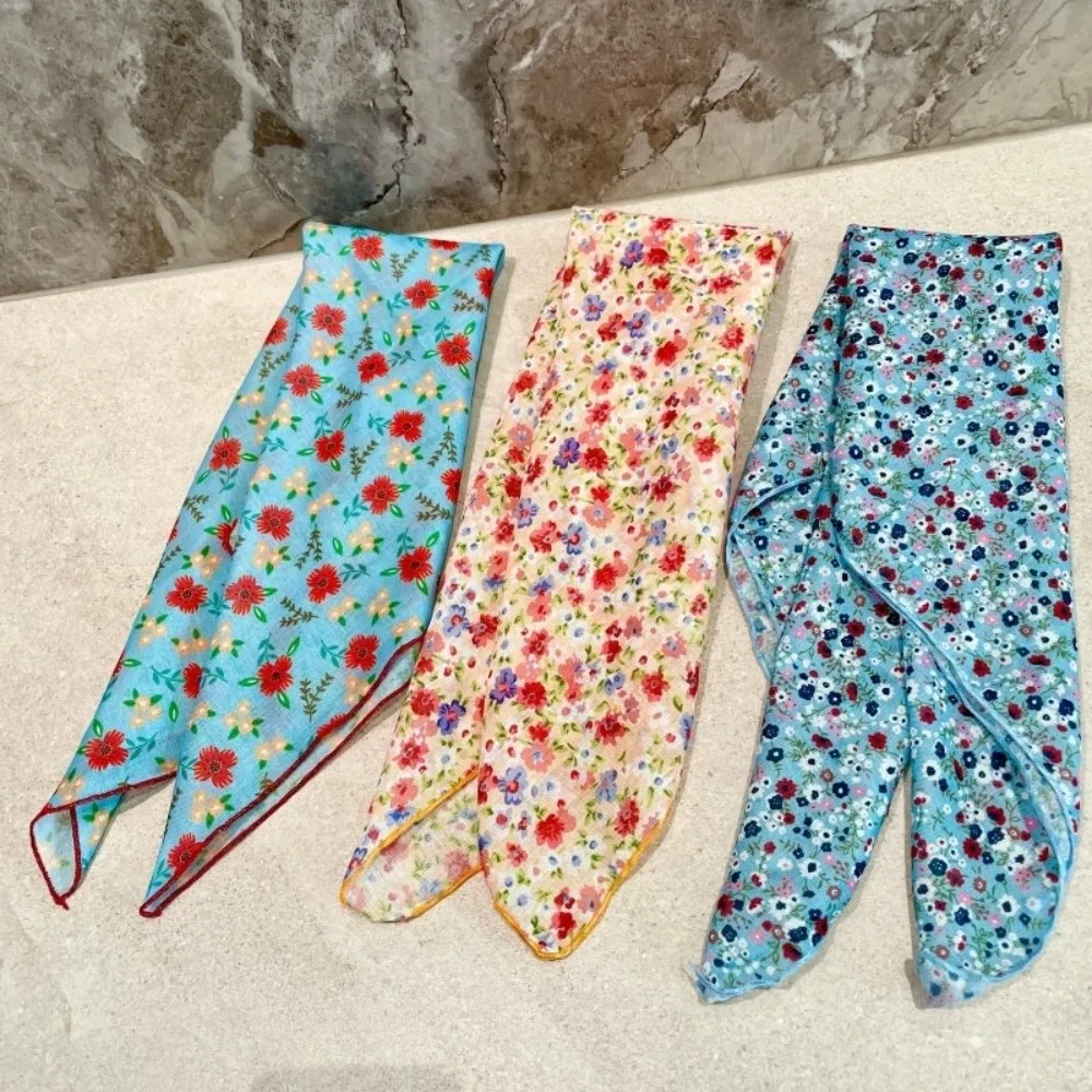 

3 шт./компл., тонкий тканевый шарф на шею с цветочным принтом, красочный корейский стиль, платок с принтом, элегантная повязка для волос, квадратная повязка на голову с цветком для девочек