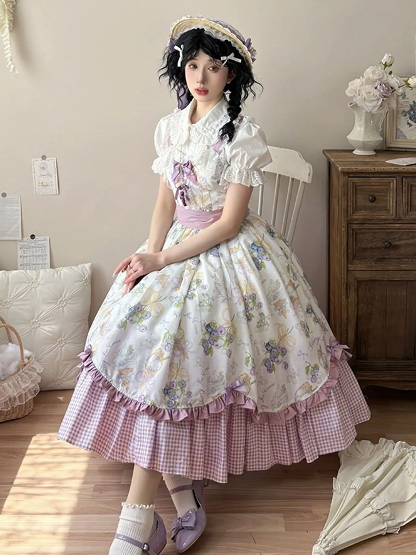 

Large Size 200 Pounds Country Style Lolita Jsk Elegant Daily Lace Print Dress Shirt Set Princess Skirt Short Sleeve mid Waist