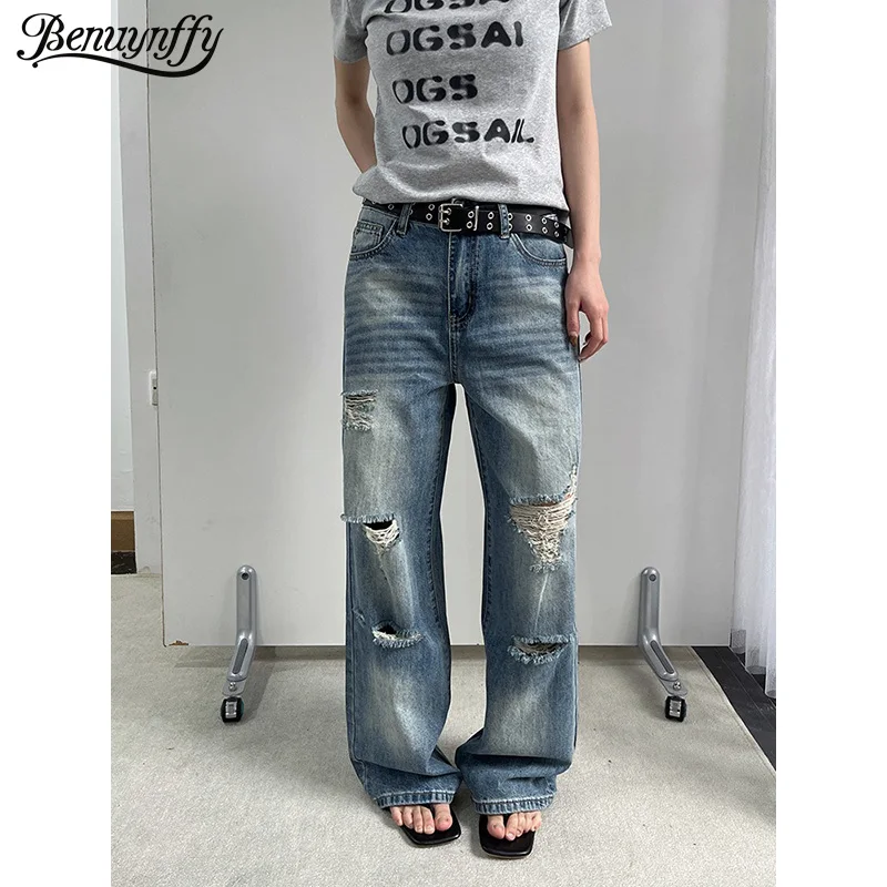 

Джинсы Benuynffy Streetwear с эффектом потертости и рваными элементами, женские, весна-лето 2026, новые, корейский винтажный стиль, со средней посадкой, свободные, прямые брюки