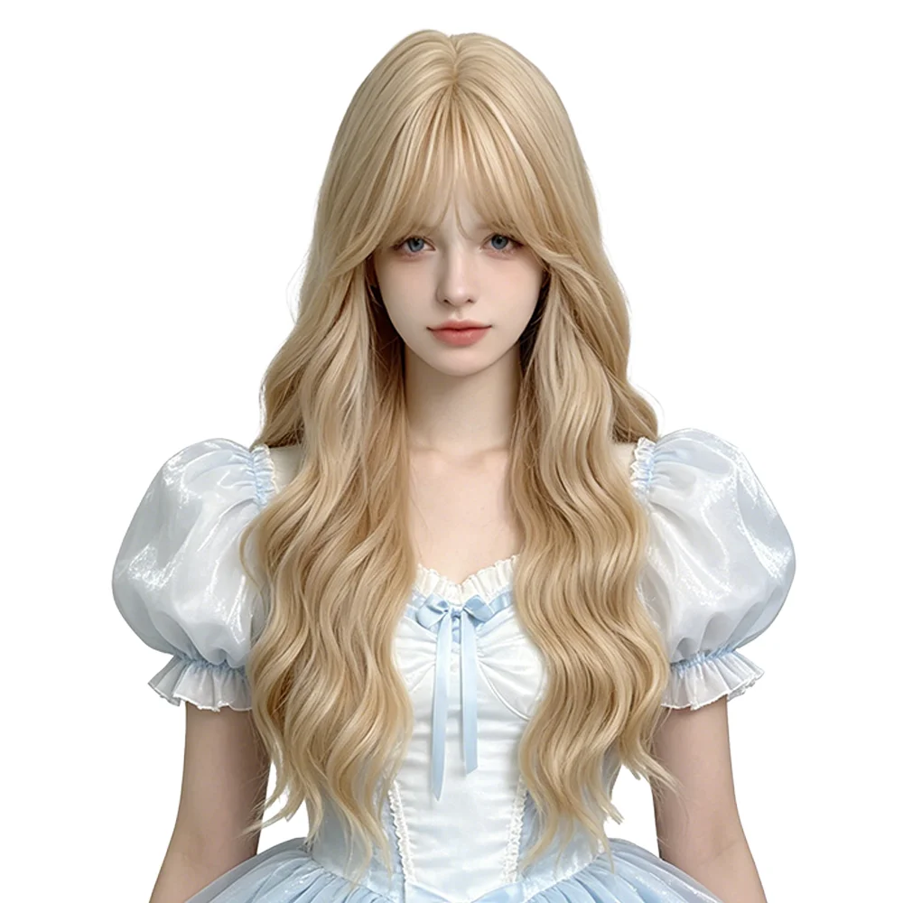 Light Ash Blonde Long Wavy Wig With Bangs Loose Body Wave Heat Resistant Synthetic Hair For Women Daily Cosplay Party Halloween