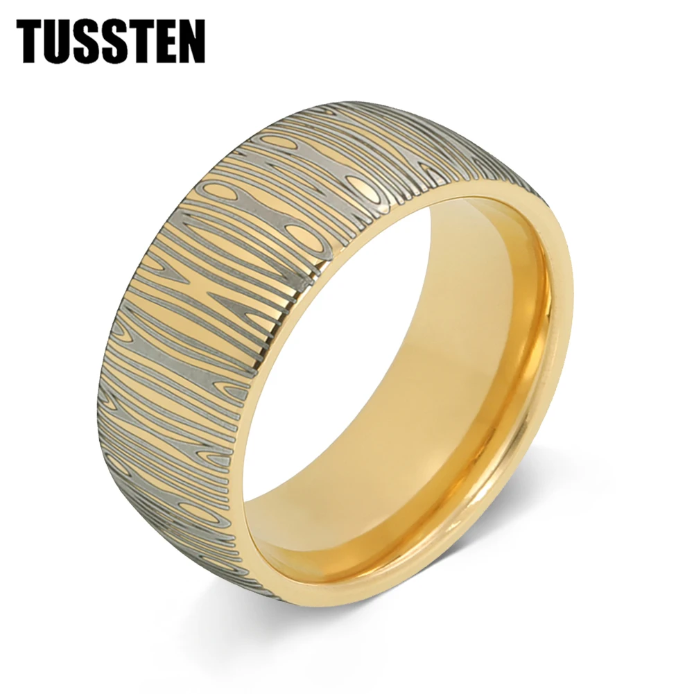TUSSTEN 10MM Men Women Tungsten Wedding Band Laser Engraving Damascus Pattern Ring Domed Polished Comfort Fit