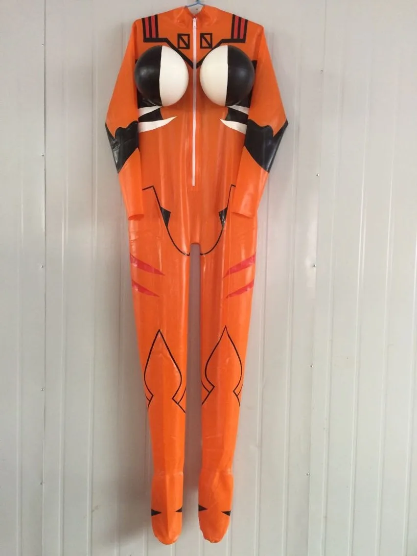 

Latex Rubber Men Racing Catsuit Masquerade Regular Orange Jumpsuit Bodysuit Inflatable Bust 0.4mm S-XXL