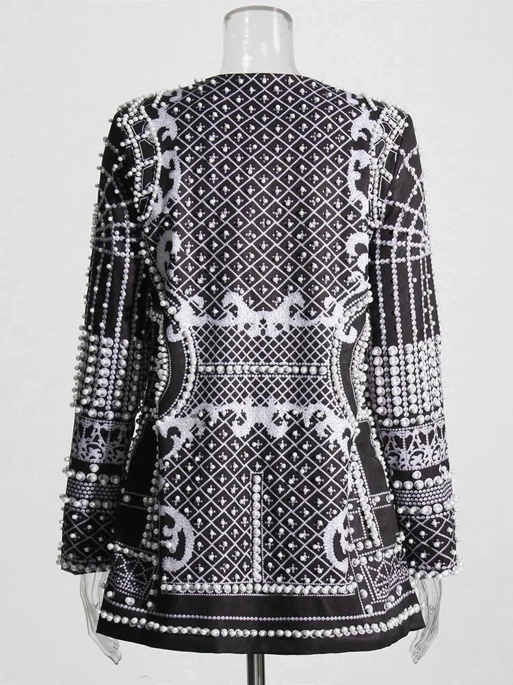 Chaqueta holgada con estampado de perlas de retazos para mujer, Blazer de manga larga con cuello en V, estilo de moda, nuevo