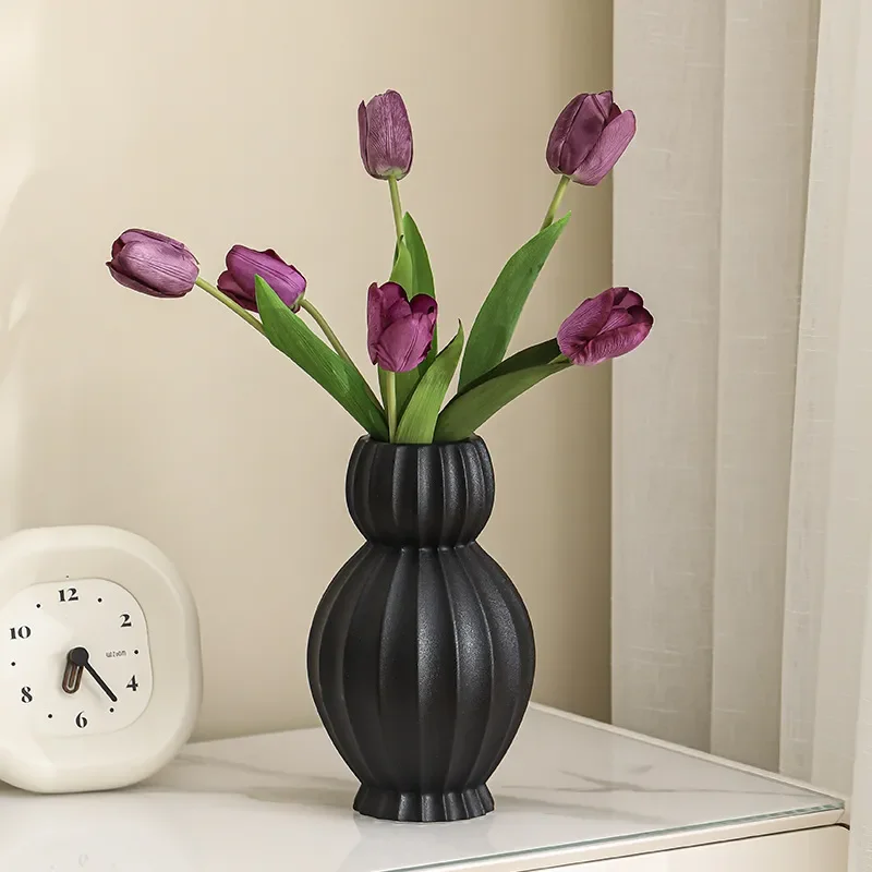 for Black Ceramic Vase High End Living Room TV Cabinet Desktop Decoration Ornament Retro Chinese Big Belly Flower Arrangement