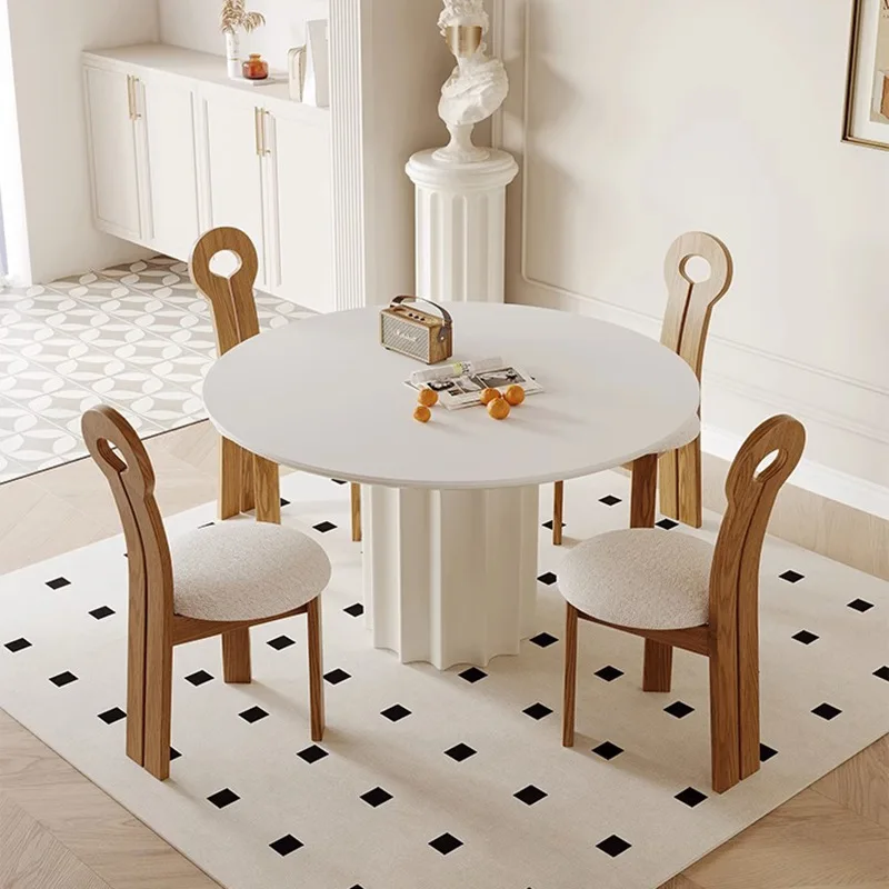 French light luxury slate dining table cream style designer home dining room furniture Roman column round dining table and chair