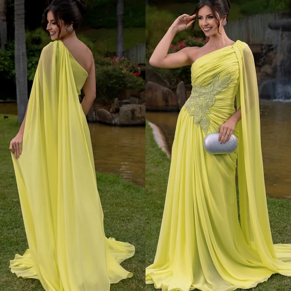 

Customized Romantic Chiffon Evening Dresses Exquisite One Shoulder Celebrity Gowns Luxury Sweep Train Homecoming Dresses