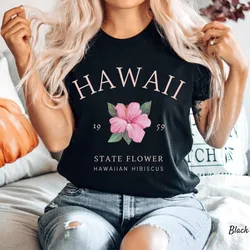 Hawaii Shirt Hawaiian Tee Tropical Pink Flower Soft and Comfortable Cotton T-shirt Unisex Summer Short Sleeve Women Tops