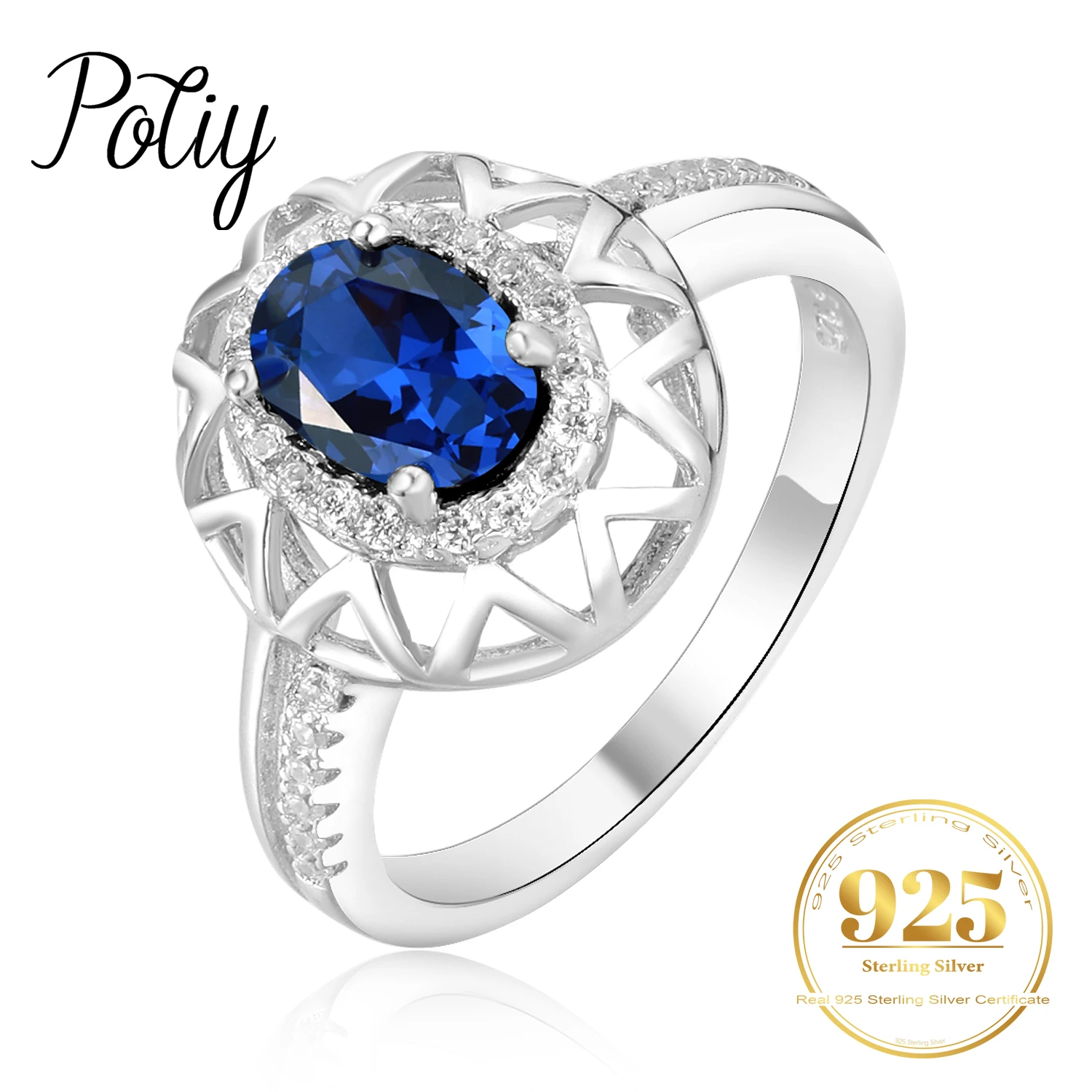 Potiy Created Blue Sapphire 925 Sterling Silver Rings for Women Fashion Statement Gemstone Jewelry Halo Engagement Ring