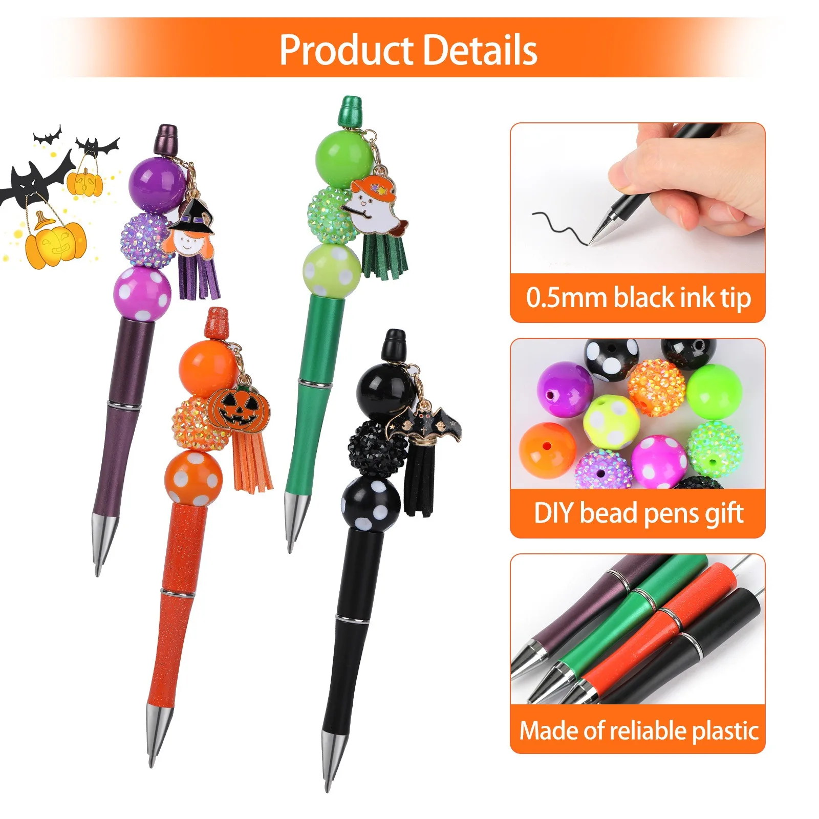 24/50PCS Cute Halloween Ballpoint Pen Skull Pumpkin Beads Pen Decompression Party Favors Assortment Fun Cartoon Stationery