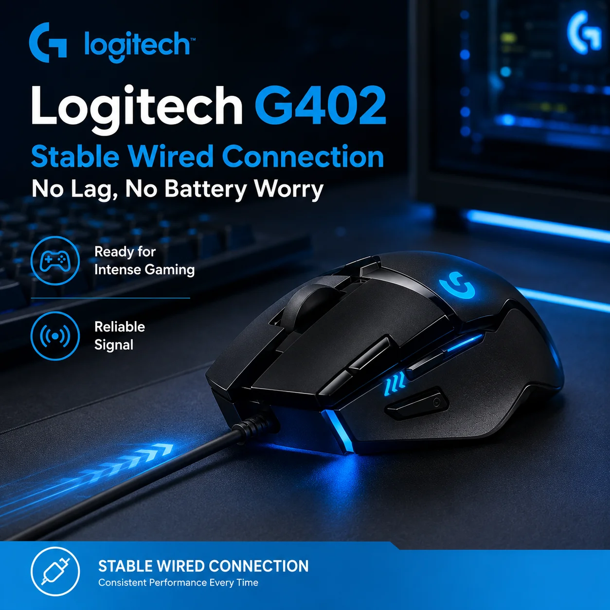 Logitech G402 Hyperion Fury FPS Gaming Mouse 4000 DPI Fusion Engine 8 Programmable Buttons Precise Aim for CS GO Valorant PC