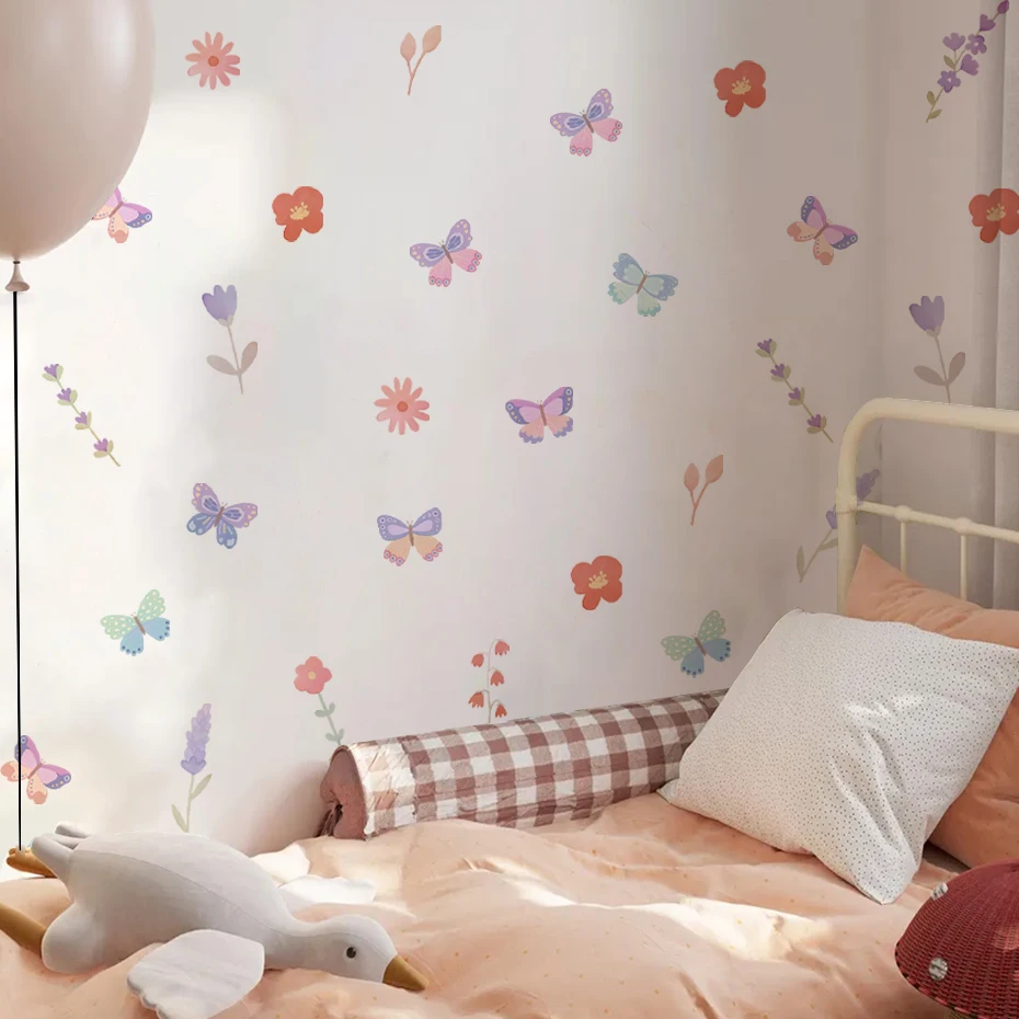 Pink Butterfly Flowers Birds Wall Stickers for Girls Kids Bedroom Wall Decals Wall Art Home Decoration Nursery Wallpapers