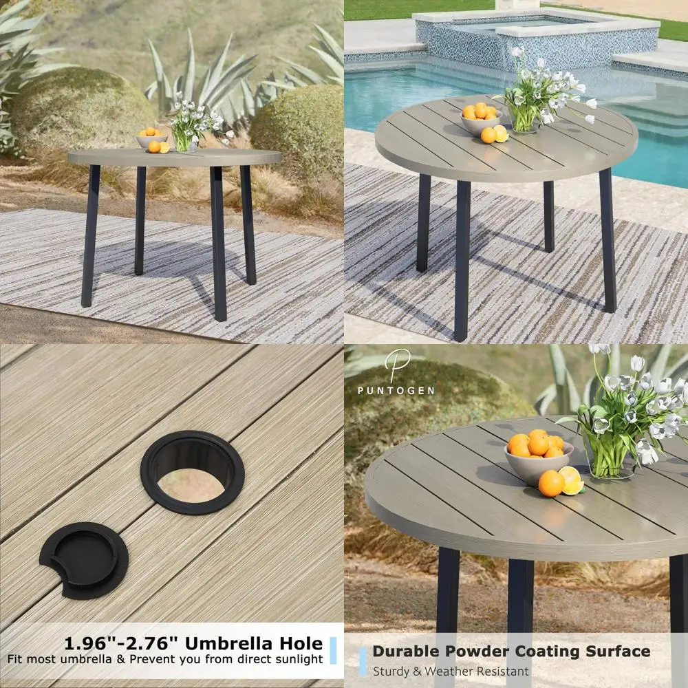 طاولة طعام خارجية معدنية تتسع لـ 4 أشخاص مع فتحة مظلة، وأثاث فناء حديقة دائري 42، ولمسة نهائية من خشب البلوط العسلي، مثالية لسطح الفناء الخلفي #1