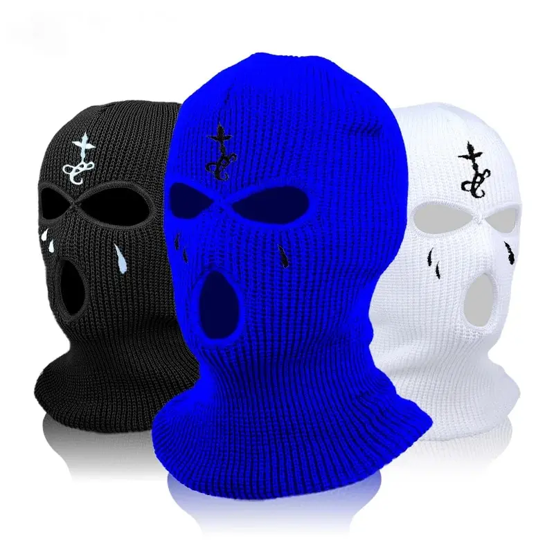 Cross Embroidery Ski Mask Winter Balaclava Hat 3-Hole Knitted Full Face Cover Neck Gaiter Warm Beanie for Outdoor Sport