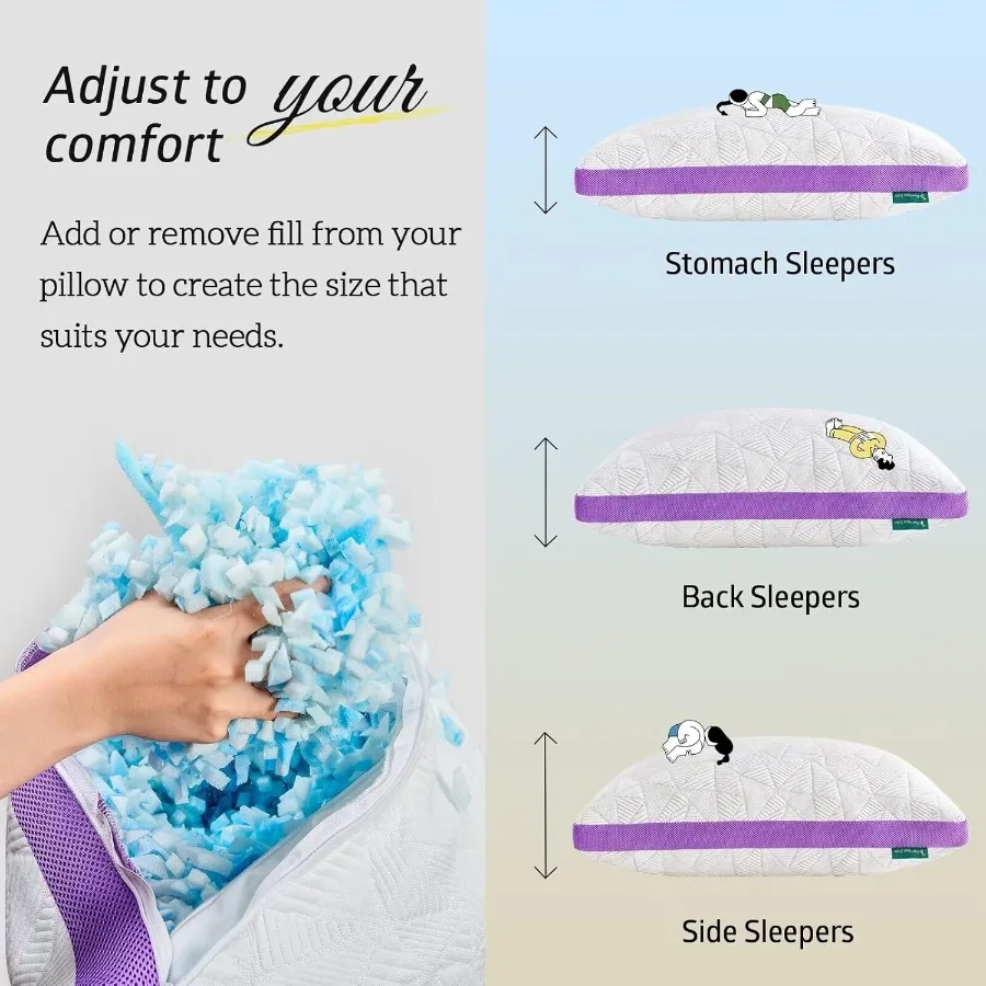 Queen Size Cooling Pillow with Shredded Memory Foam for Hot Sleepers Adjustable Firmness and Soft Support Designed for Back and