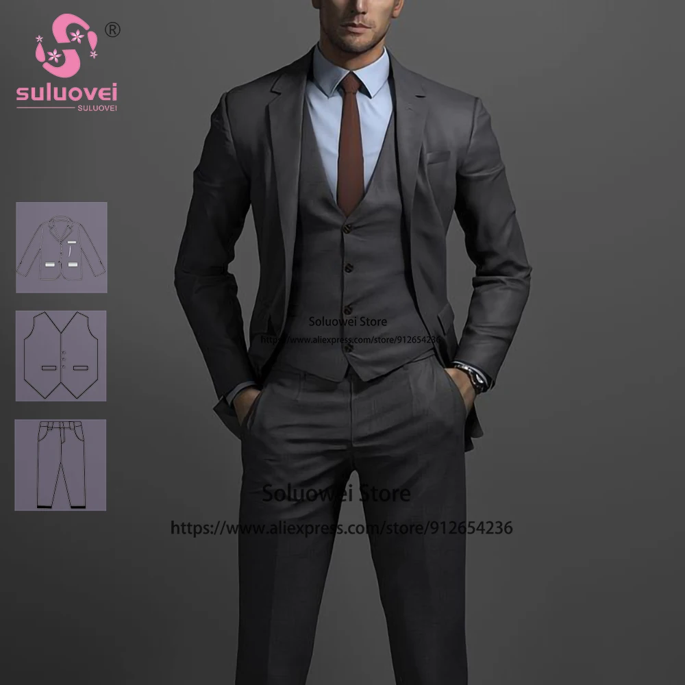 

Classic Grey Slim Fit Suits For Men Wedding 3 Piece Pants Set Formal Groomsmen Prom Dinner Tuxedo Male Business Blazer Masculino