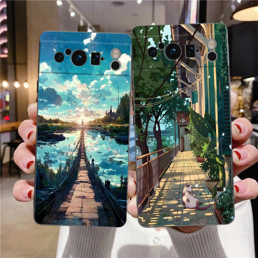 Japan Anime Landscape Phone Case For Google Pixel 8 A 7 6 Pro 6A 5G Black Soft Shockproof Back Cover Silicone TPU Shell Coque