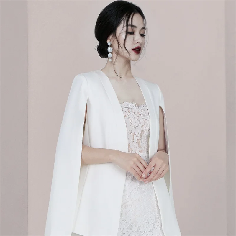 Lace White Women Saia Ternos Set Elegante Envoltório Jacket Com Suspender Prom Dress 2 Pieces Office Lady Midi Party Coat Em Stock