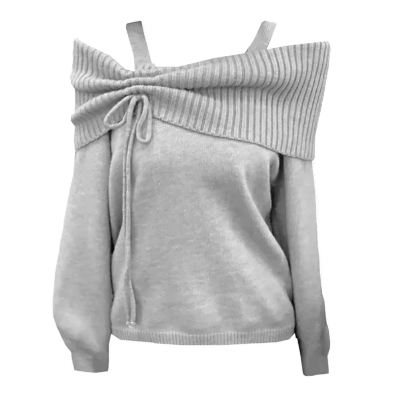 Deeptown Korean Style Coquette Knitwear Pullovers Women Sweet Slash Neck Long Sleeve Sweaters Autumn Winter 2000s Grey Jumper