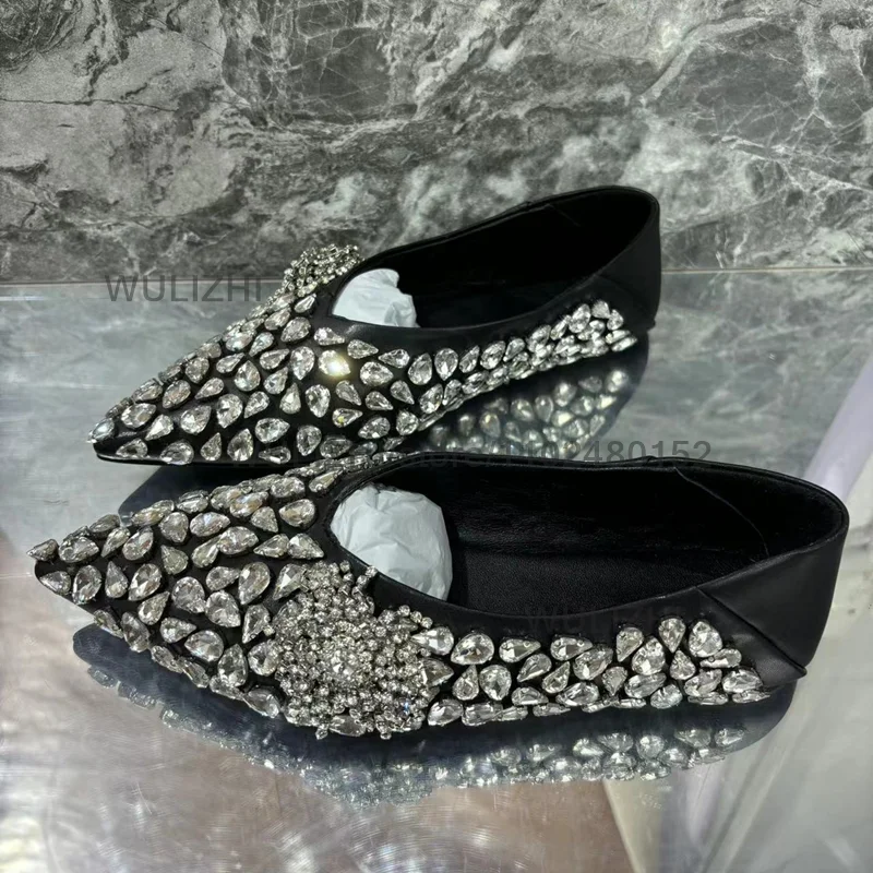 Silver Diamond Large Crystal Stone Mules Women Flat Sandals Pointed Black Leather Slippers Bling Catwalk Jeweled Patchwork Shoes
