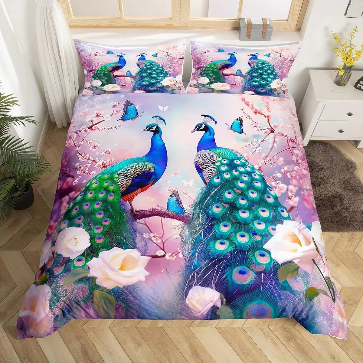 Peacock Duvet Cover Peacock Feather Print Bedding Set MicrofiberTwin Full Queen King Comforter Cover for Girls Boys Dorm Bedroom
