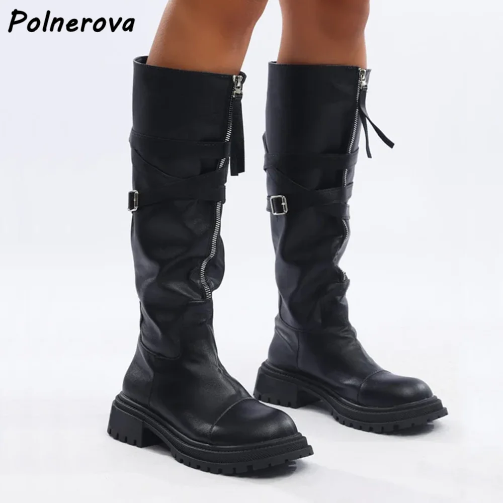 Black Leather Buckle Belt Boots Front Zipper Turn Over Edges Square Heels Concise Shoes Winter Fashion Sexy Knee High Boots