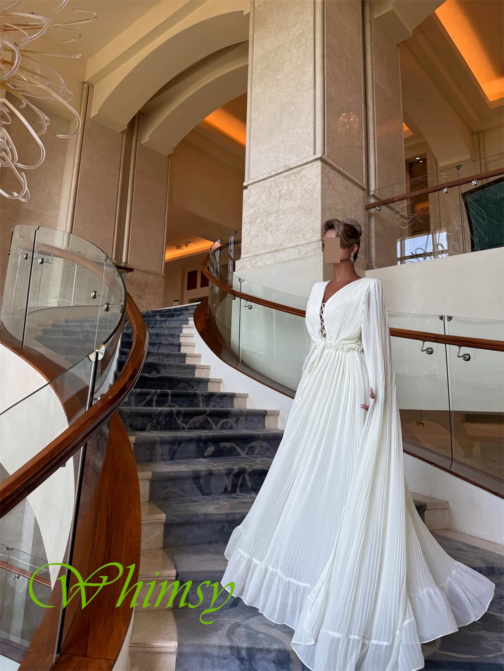 Moda personalizada chiffon com decote em v vestido de noite clássico mangas compridas vestidos de baile delicado a linha vestidos de ocasião sob medida