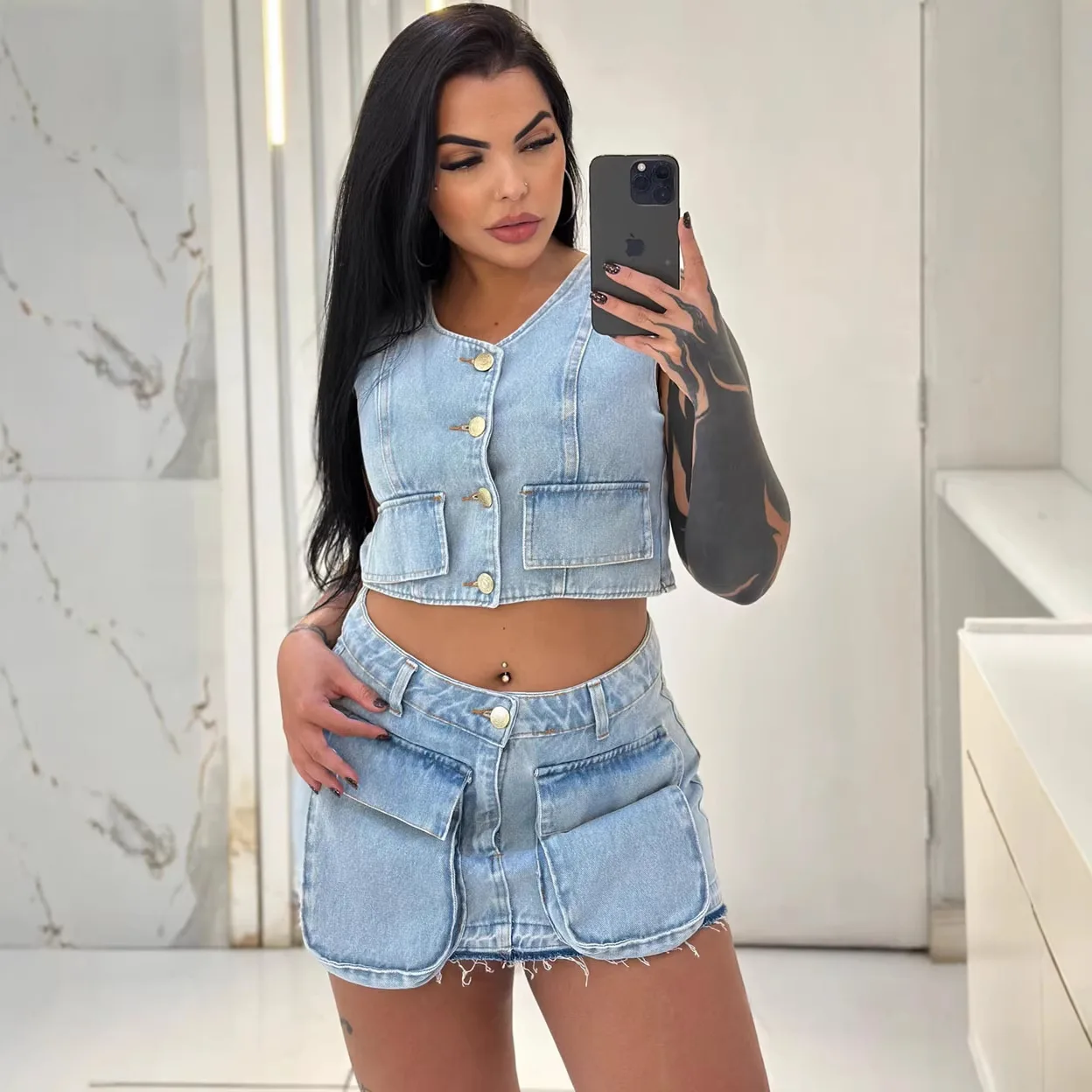 2026 New Women Denim Skirt Set Short Sleeveless Vest Camisole Frayed Pocket Shorts Slim Fit Fashionable Versatile