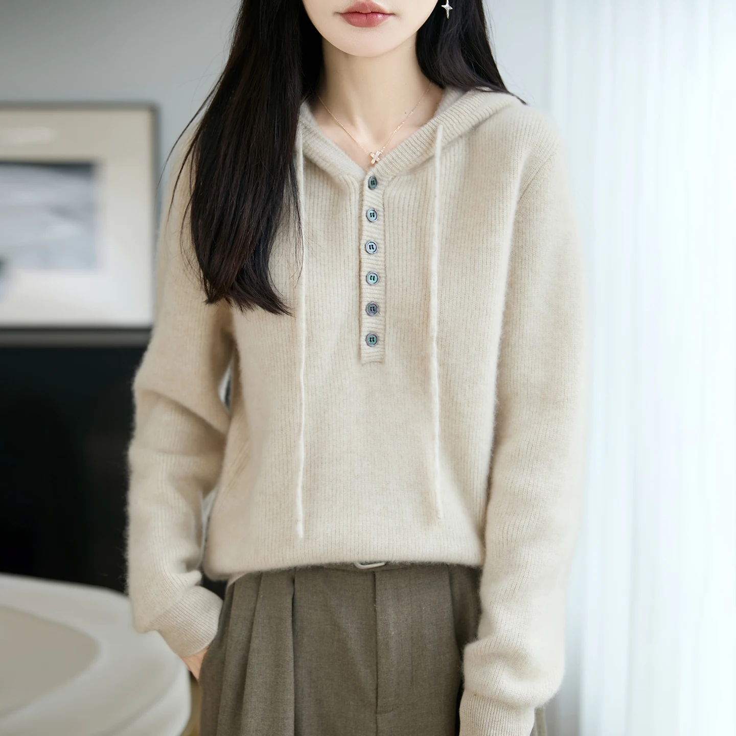 100% Merino Wool Knitted Sweater Women's Hoodie Autumn/Winter Thick Warm Tops Casual Loose Women's Clothes Long Sleeve Hoodie