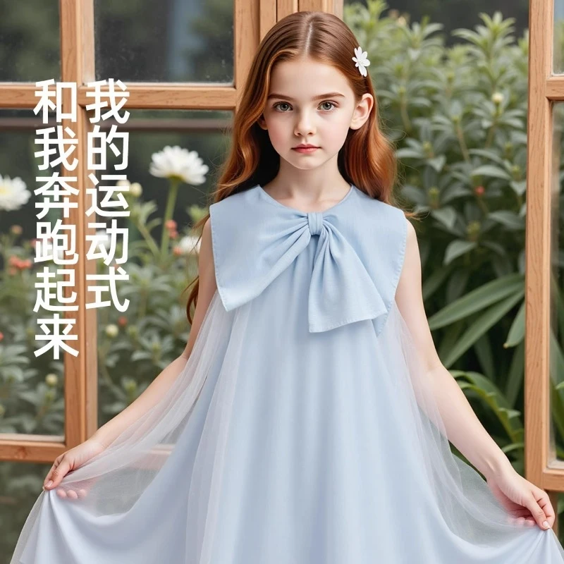 2026Summer girls' dress, new style for older children, with bow and high-end mesh skirt, sweet and cute for little girls