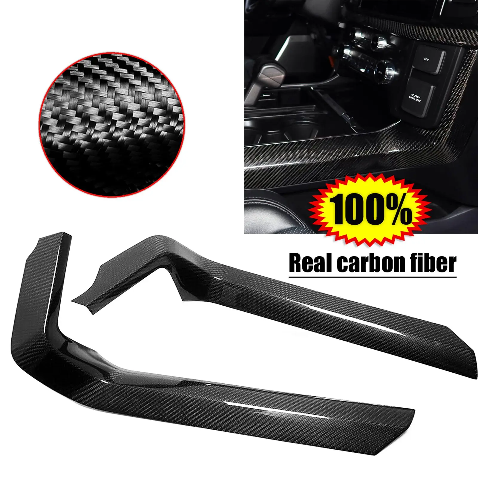 Carbon Fiber Console Gear Box Side Panel Bezel For Ford F150 Raptor Lariat 2021-2024