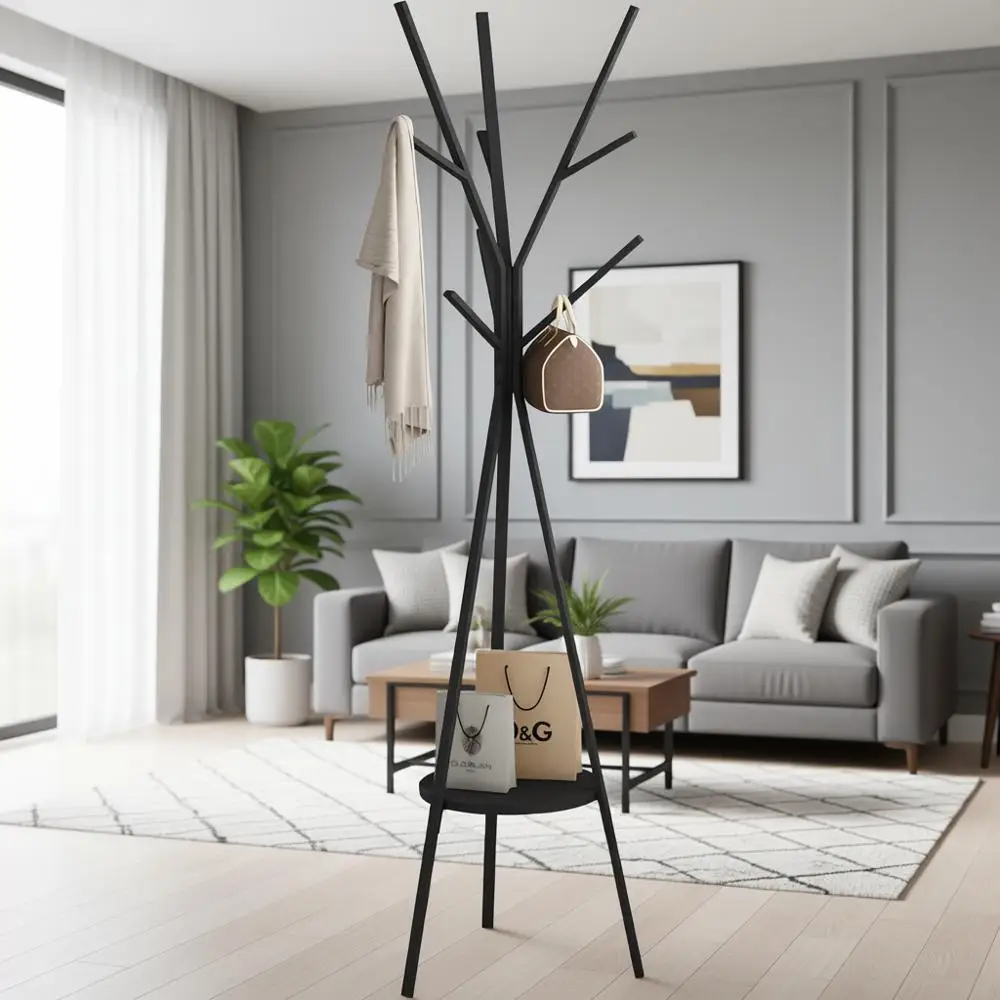 

Металлическая вешалка для одежды с 9 крючками для шляп, шарфов и одежды - черная, 17,72 Ш x 17,72 Г x 70,87 В