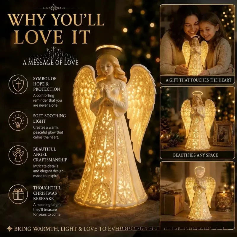 Light Up Christmas Angel Figurine LED Glowing Guardian Angel Statue With Halo Wings Praying Design Indoor Holiday Table Decor