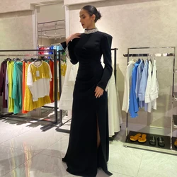 Elegant Black Prom Dresses High Neck Long Sleeves Evening Gowns Beadings Floor Length Side Slit Mermaid 2024 فساتين السهرة