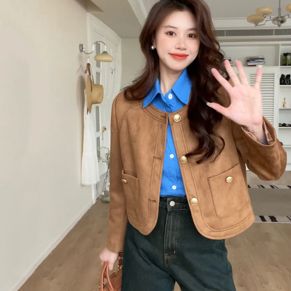 Korean Style Elegant Suede Short Jackets For Women Spring Autumn O Neck Solid Color Coat Ladies Small Fragrant Wind Outwear Tops